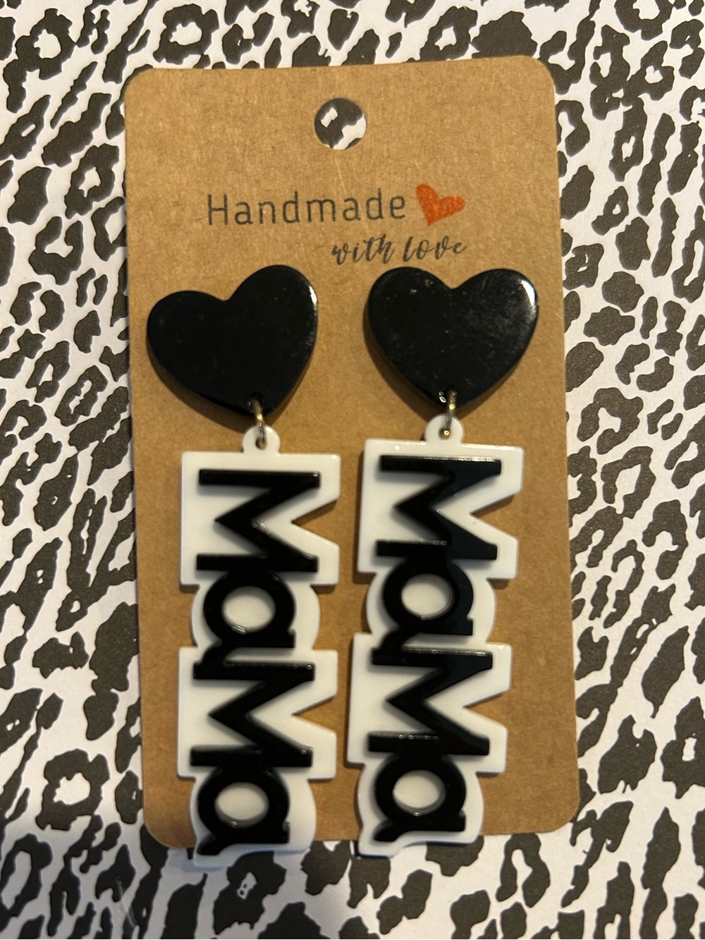 Black & White 'Mama' Heart Drop Earrings